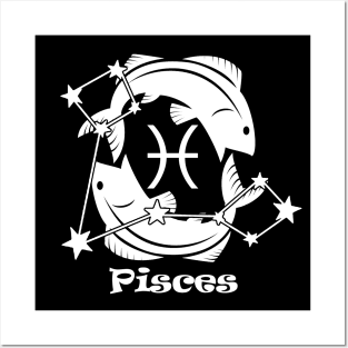 Pisces - Zodiac Astrology Symbol with Constellation and Fish Design (White on Black Variant) Posters and Art